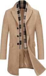 Men's Wool Blend Coat with Detachable Plaid Scarfs Notched Collar Single Breasted  Trench Overcoat