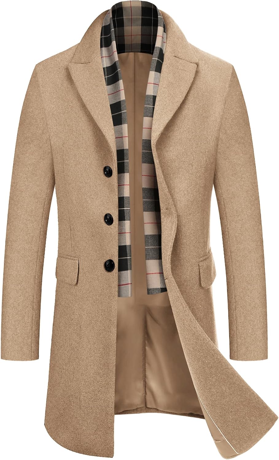 71THJ9spzL._AC_SL1500_.jpg Men's Wool Blend Coat with Detachable Plaid Scarfs Notched Collar Single Breasted Trench Overcoat - Image 1