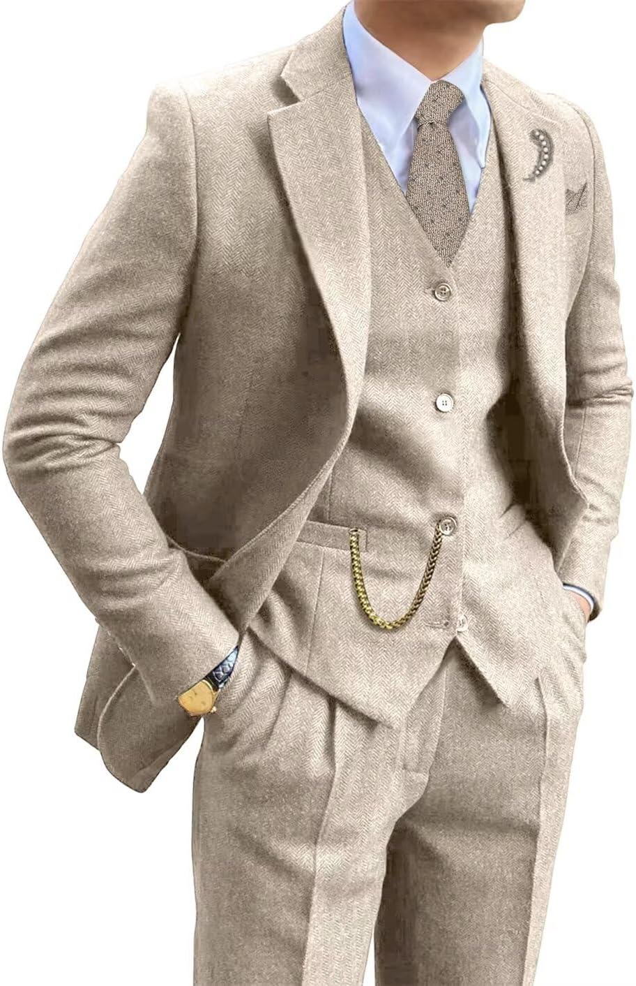 71WzUTPFWGL._AC_SL1412_.jpg Retro Tweed Brown Men Suit 3 Piece Herringbone Slim Fit Suits Wedding Tuxedos Set Prom Jacket Blazers Vest Pants for Mens - Image 1