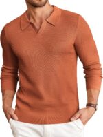 Mens Knit Polo Sweater V-Neck Long Sleeve Textured Lightweight Casual Dress Pullover Fall Sweaters