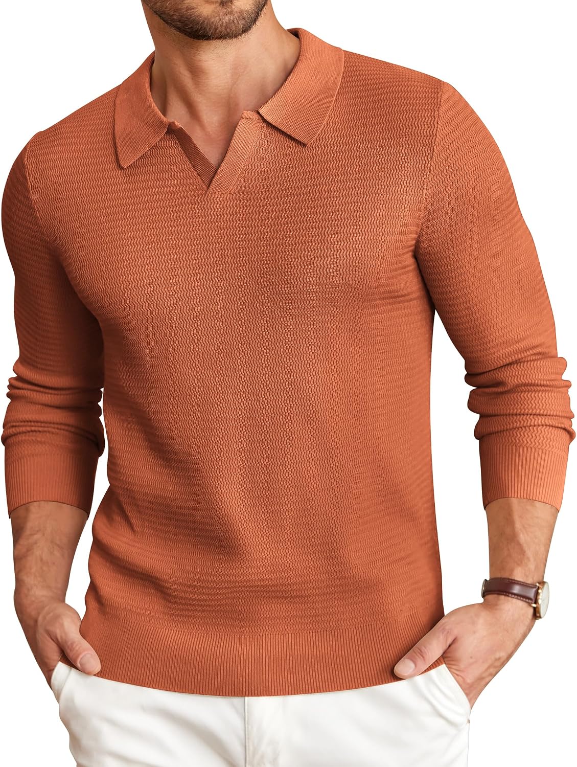 81OHiVmc3L._AC_SL1500_.jpg Mens Knit Polo Sweater V-Neck Long Sleeve Textured Lightweight Casual Dress Pullover Fall Sweaters - Image 1